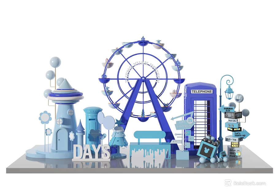 Blue Themed 3D Scene Featuring Ferris Wheel Phone Booth Castle Small Figures And DAYS Text 3d model 