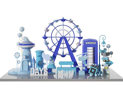 Blue Themed 3D Scene Featuring Ferris Wheel Phone Booth Castle Small Figures And DAYS Text 3d model