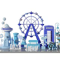 Blue Themed 3D Scene Featuring Ferris Wheel Phone Booth Castle Small Figures And DAYS Text
