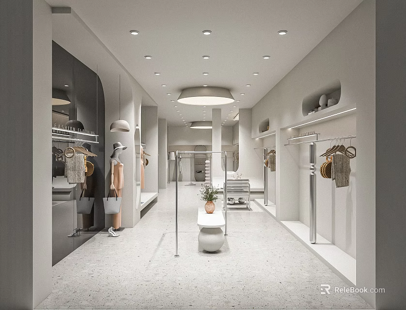 Modern Fashion Clothing Store Interior With Clothing Racks Mannequins Lighting And Display Shelves 3d model 