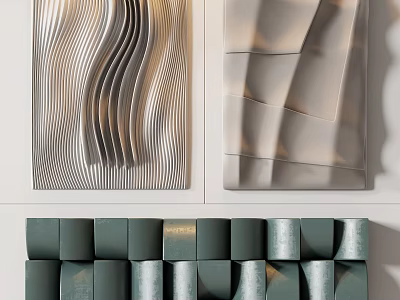 Modern Wall Decor With Wavy Lines Geometric Folds And Green Silver Block Arrangement 3d model