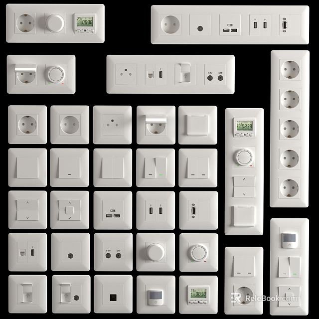 White Switch Panels With Various Types Of Sockets And Switches 3d model 