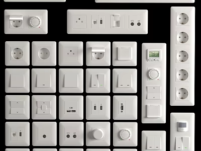 White Switch Panels With Various Types Of Sockets And Switches 3d model