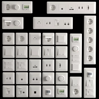 White Switch Panels With Various Types Of Sockets And Switches 3d model