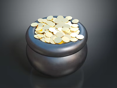 Black Metallic Pot Filled With Shiny Gold Coins On Dark Surface 3d model