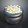 Black Metallic Pot Filled With Shiny Gold Coins On Dark Surface