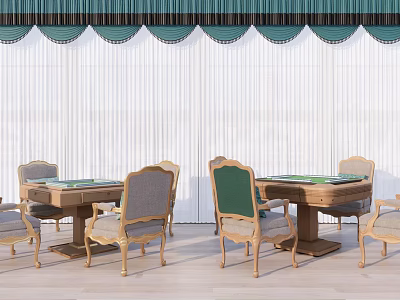 Elegant Mahjong Entertainment Tables With Green Gray Backrest Chairs White Curtains And Green Valances 3d model