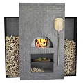 Gray Brick Fireplace with Burning Fire Wooden Shovel Stacks of Firewood and Shelf