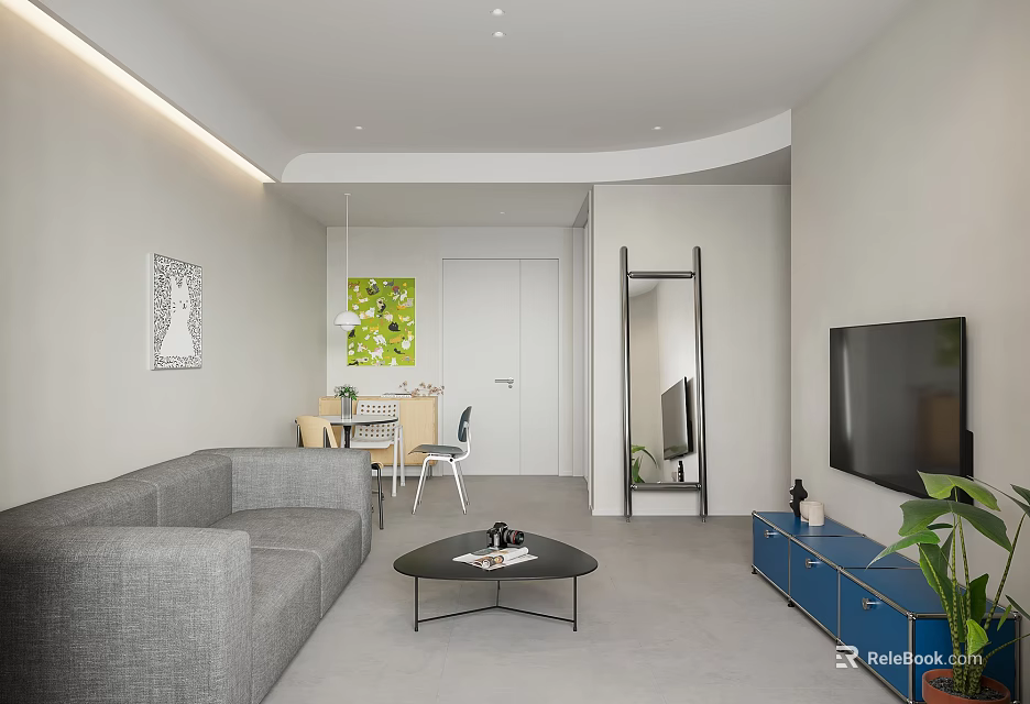 Modern Living Dining Room Interior With Gray Sofa Black Coffee Table And Blue TV Cabinet 3d model 