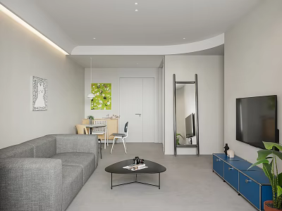 Modern Living Dining Room Interior With Gray Sofa Black Coffee Table And Blue TV Cabinet 3d model