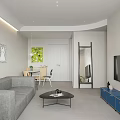 Modern Living Dining Room Interior With Gray Sofa Black Coffee Table And Blue TV Cabinet