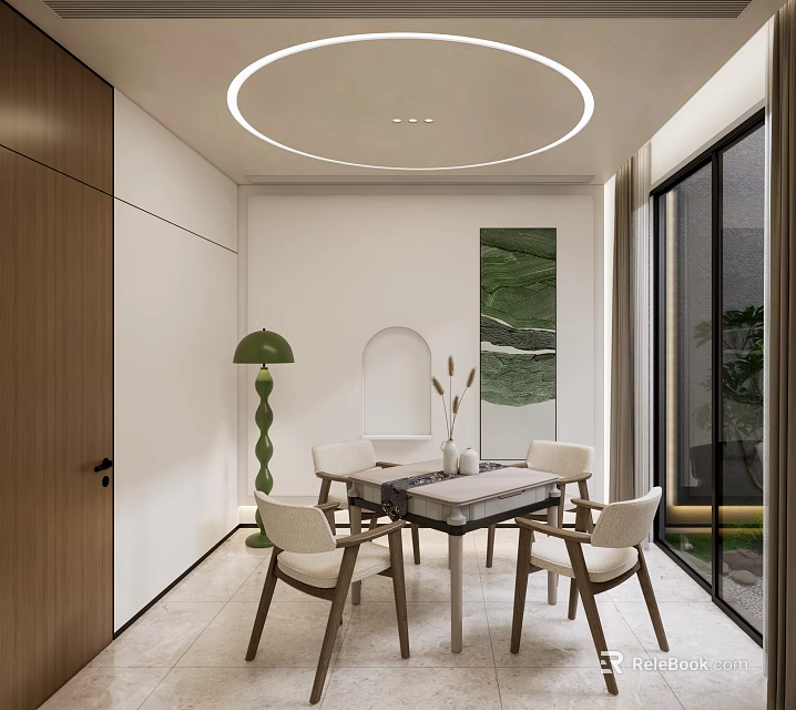 Modern Hotel Mahjong Room Interior With Circular Ceiling Light Glass Top Table And White Chairs 3d model 