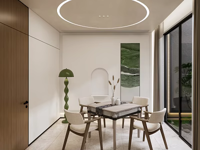 Modern Hotel Mahjong Room Interior With Circular Ceiling Light Glass Top Table And White Chairs 3d model