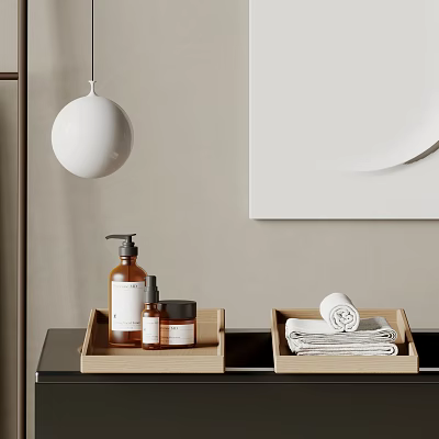 White Towels In Wooden Tray For Minimalist Bathroom 3d model