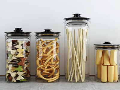 Glass Storage Jars with Black Lids for Pasta Varieties and Cheese Blocks on Kitchen Countertop 3d model