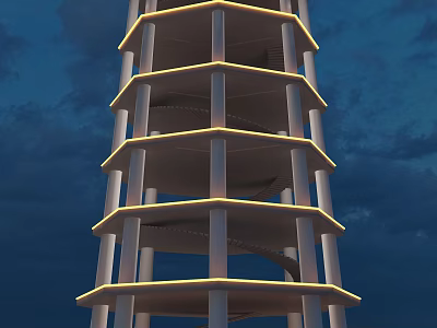 Modern Tower With Multi Layered Structure And Spiral Staircase Illuminated At Night 3d model