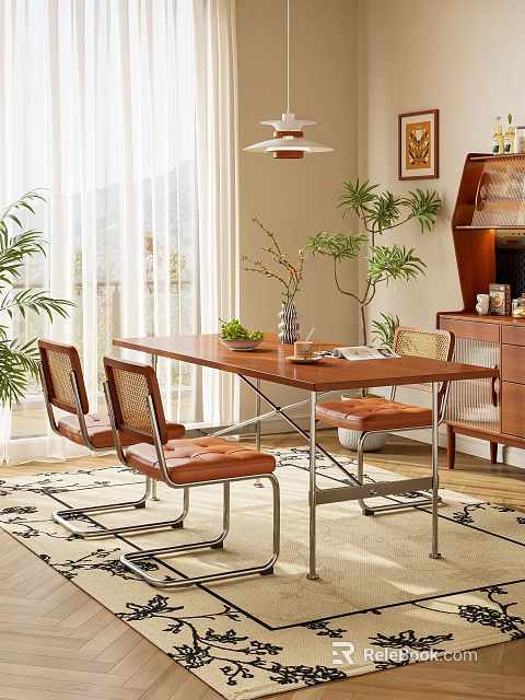 Wooden Dining Table Set With Rattan Back Chairs Leather Seats And Plants By Window 3d model 