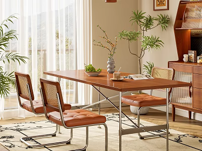 Wooden Dining Table Set With Rattan Back Chairs Leather Seats And Plants By Window 3d model