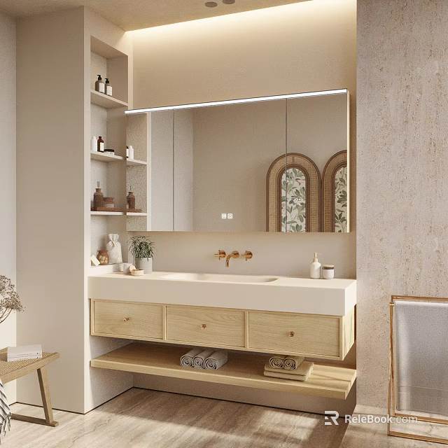Modern Bathroom Vanity With Double Sink Wooden Cabinet And Mirror Shelves 3d model 