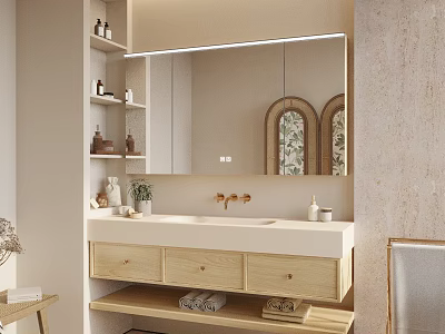 Modern Bathroom Vanity With Double Sink Wooden Cabinet And Mirror Shelves 3d model