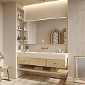 Modern Bathroom Vanity With Double Sink Wooden Cabinet And Mirror Shelves