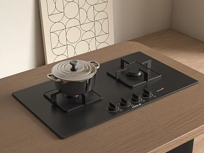 Modern Kitchen Gas Stove Appliance On Wooden Countertop With Pot Lid 3d model