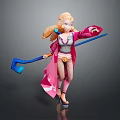 Woman With Blonde Hair Wearing Pink Coat Holding Blue Staff In Dynamic Standing Pose