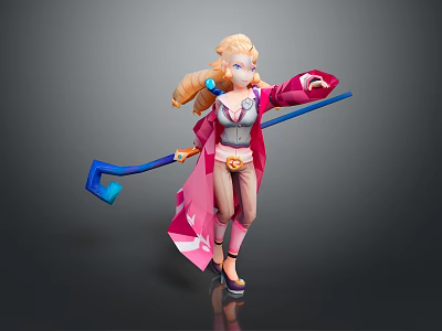 Woman With Blonde Hair Wearing Pink Coat Holding Blue Staff In Dynamic Standing Pose 3d model