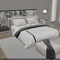 Modern Minimalist Double Bed Bedroom Interior With White Bedspread Black Accent Strips And Pendant Lamps