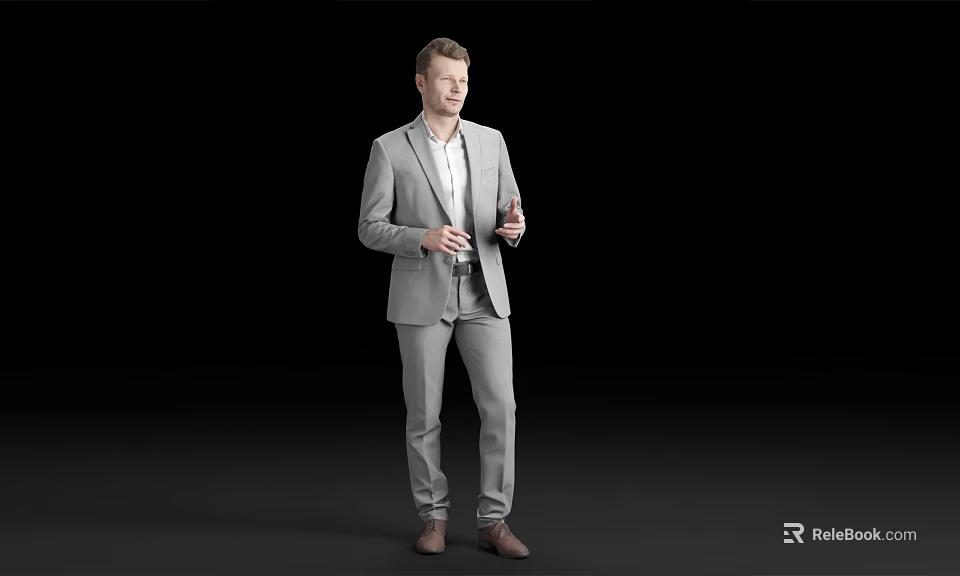 Man Standing in Gray Suit With White Shirt Against Black Background 3d model 