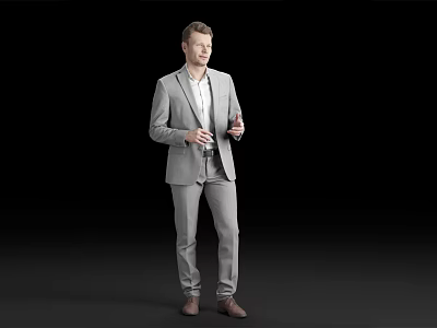 Man Standing in Gray Suit With White Shirt Against Black Background 3d model