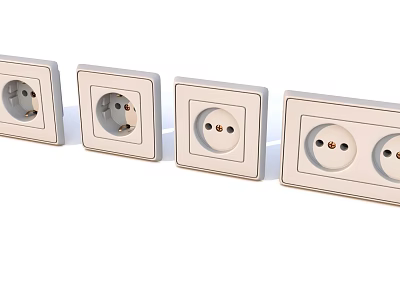 White Square Electrical Power Sockets Arranged In A Row With Different Plug Designs 3d model