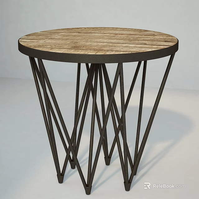 Modern Round Side Table With Wooden Top And Black Intersecting Metal Legs 3d model 