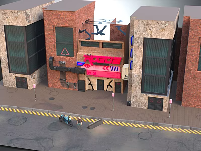 Cartoon Urban Street Scene With Red Brick Buildings Shop Signs And Road Markings 3d model