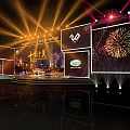 Elegant Event Stage With Golden Beam Lighting Background Screens And Fireworks