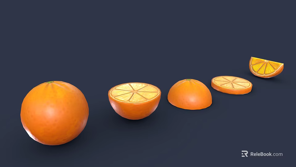 Fresh Whole and Sliced Oranges Arranged with Half Sections on Dark Background 3d model 