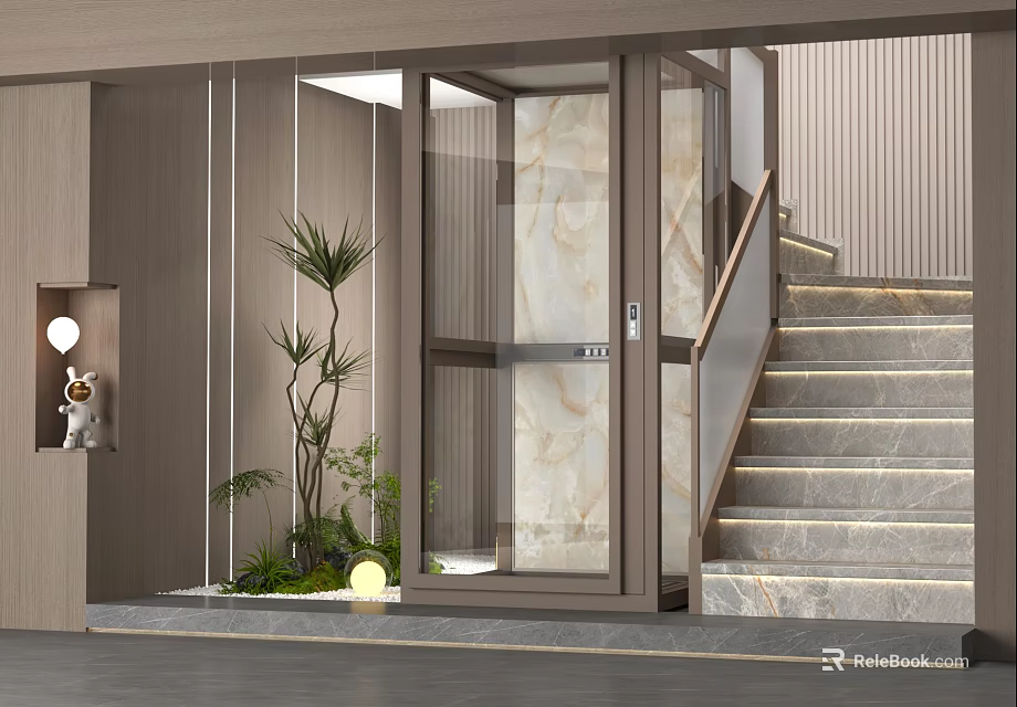 Modern Indoor Landscape Design With Elevator Staircase Marble Walls Glass Railing And Green Plants 3d model 