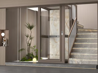 Modern Indoor Landscape Design With Elevator Staircase Marble Walls Glass Railing And Green Plants 3d model