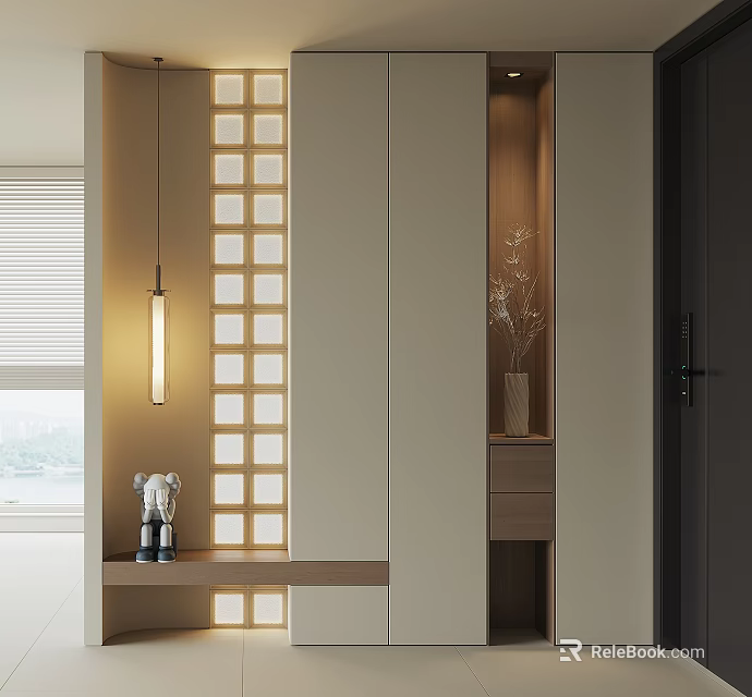 Modern Minimalist Shoe Cabinet Interior With Integrated Lighting Vase And Small Decorations 3d model 