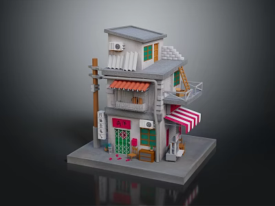 Miniature Two Story Asian Style Building With Balcony Striped Awning And Green Door 3d model