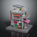 Miniature Two Story Asian Style Building With Balcony Striped Awning And Green Door