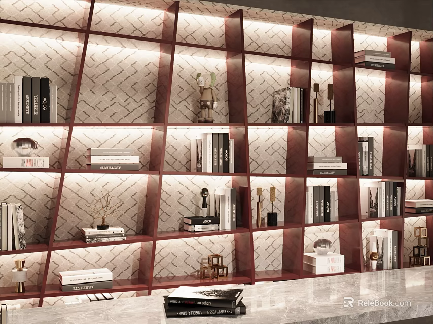 Red Frame Bookcase With Geometric Pattern Background And Books Decorative Items On Shelves 3d model 