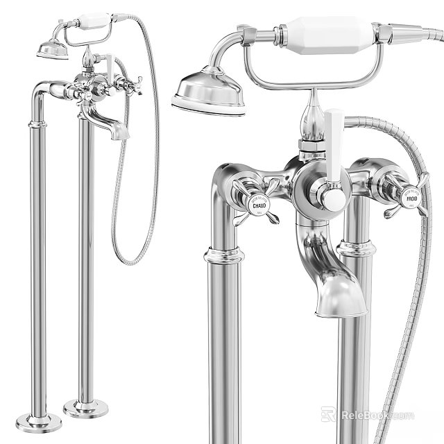 Vintage Chrome Bathroom Faucet with Handheld Shower and Fixed Head Double Handle Design 3d model 