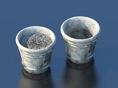 Two Gray Concrete Bonsai Pots One Filled With Soil for Planting 3d model