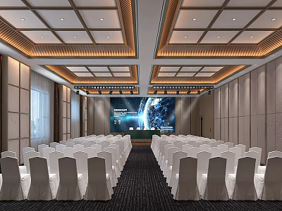 Modern Conference Room With White Chairs Arranged Large Screen And Ceiling Design 3d model