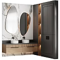 Modern Bathroom Interior With Marble Wall Oval Backlit Mirrors Double Sinks And Wooden Cabinets