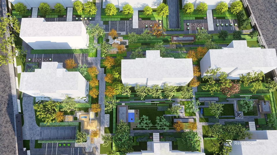 Aerial View Residential Landscape With Lush Greenery Trees Courtyards And Lawns 3d model 