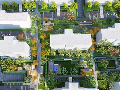 Aerial View Residential Landscape With Lush Greenery Trees Courtyards And Lawns 3d model