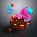 Colorful Commercial Food Service Equipment With Pink Blue Cups And Chocolate Drizzle On Table