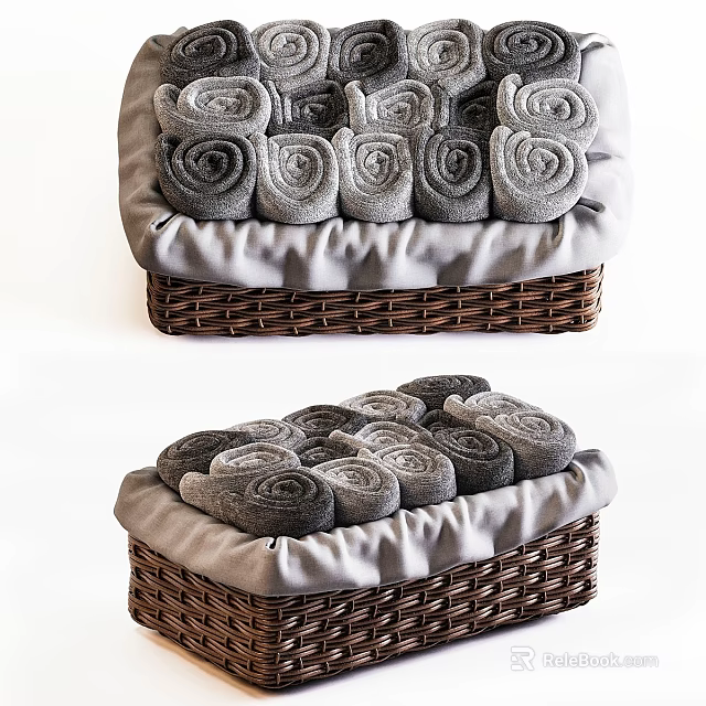 Soft Gray Rolled Towels in Wicker Storage Baskets for Daily Household Use 3d model 